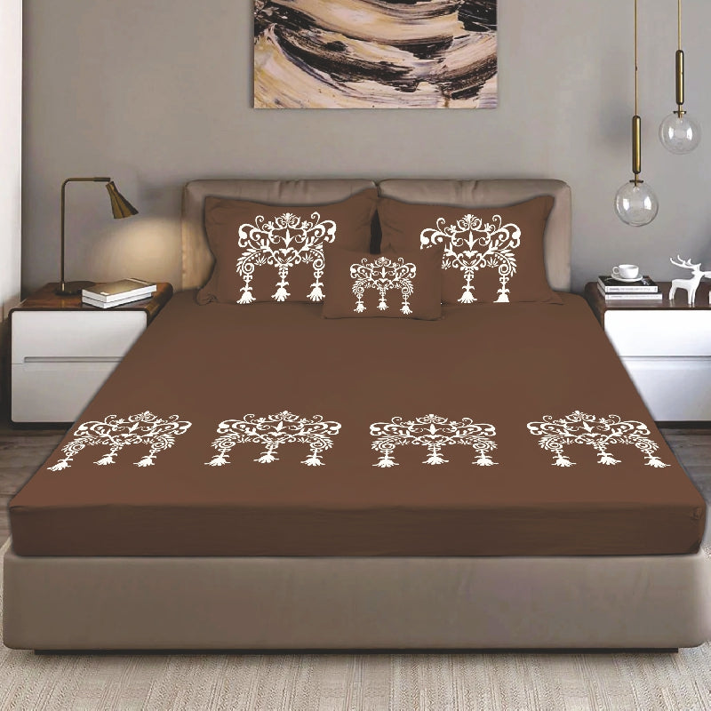 King Size Cotton Bedsheet Brown Ornamental Print - Bodycare