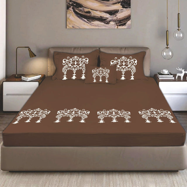 King Size Cotton Bedsheet Brown Ornamental Print - Bodycare