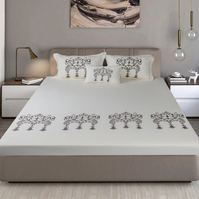 King Size Cotton Bedsheet Brown Ornamental Print - Bodycare