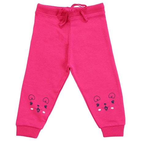 Pink kids sweatpants with cute bear face prints on knees, elastic waistband, and drawstring.