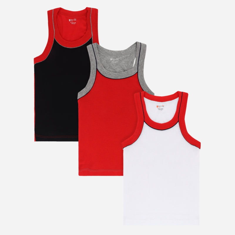 Kids sleeveless vest multipack, black, red, and white cotton innerwear set