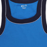 Blue kids' cotton tank top with navy trim and white piping, close-up front view
