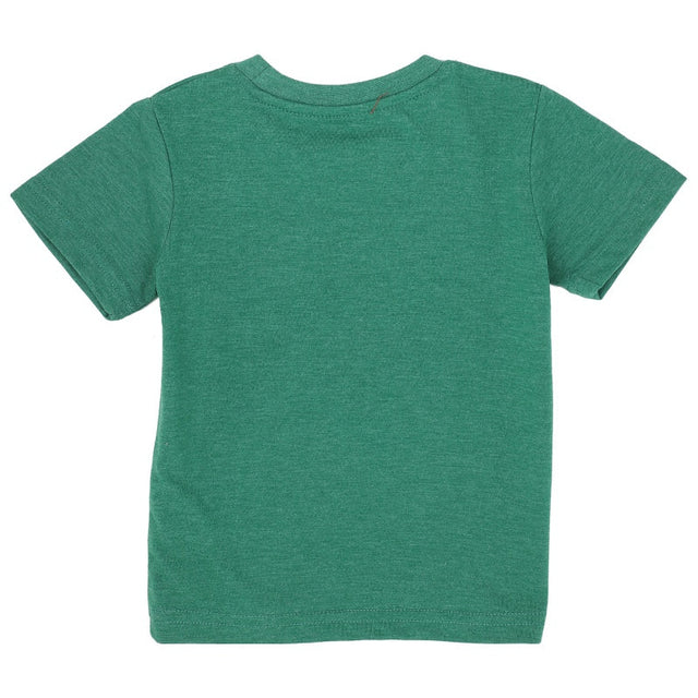 Plain green short sleeve kids t-shirt, back view, soft cotton fabric