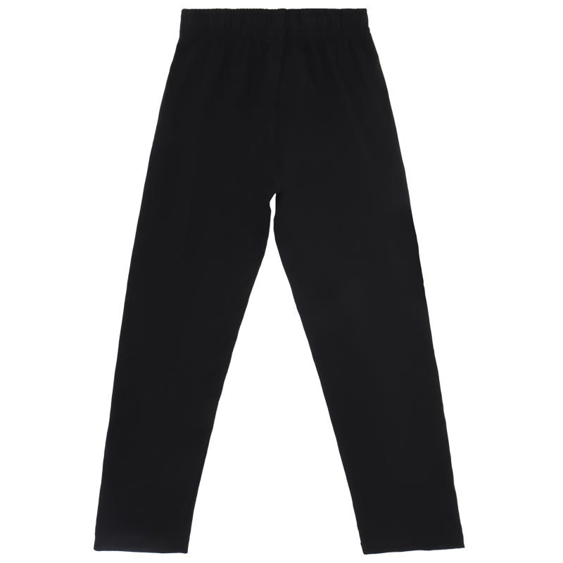Black kids thermal leggings with elastic waistband, full length, plain background