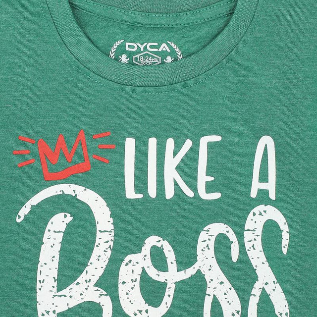 Green kids t-shirt with 'Like a Boss' text and red crown graphic print on front