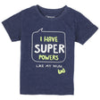 Navy blue kids t-shirt with 'I have super powers like my mum' slogan and superhero mask print.