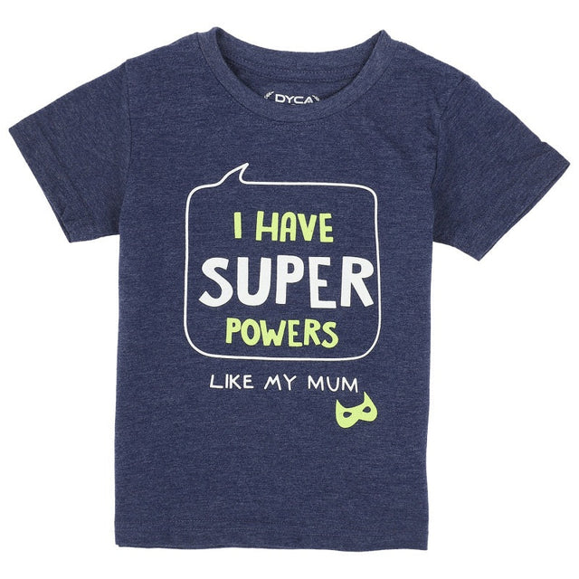 Navy blue kids t-shirt with 'I have super powers like my mum' slogan and superhero mask print.