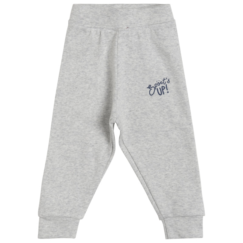 Light grey kids cotton pajama pants with 'Sports Up!' text, elastic waistband, and cuffed ankles