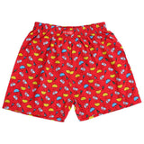 Red kids boxer shorts with colorful taco and party cone print, elastic waistband