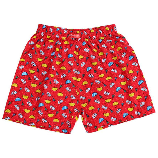 Red kids boxer shorts with colorful taco and party cone print, elastic waistband