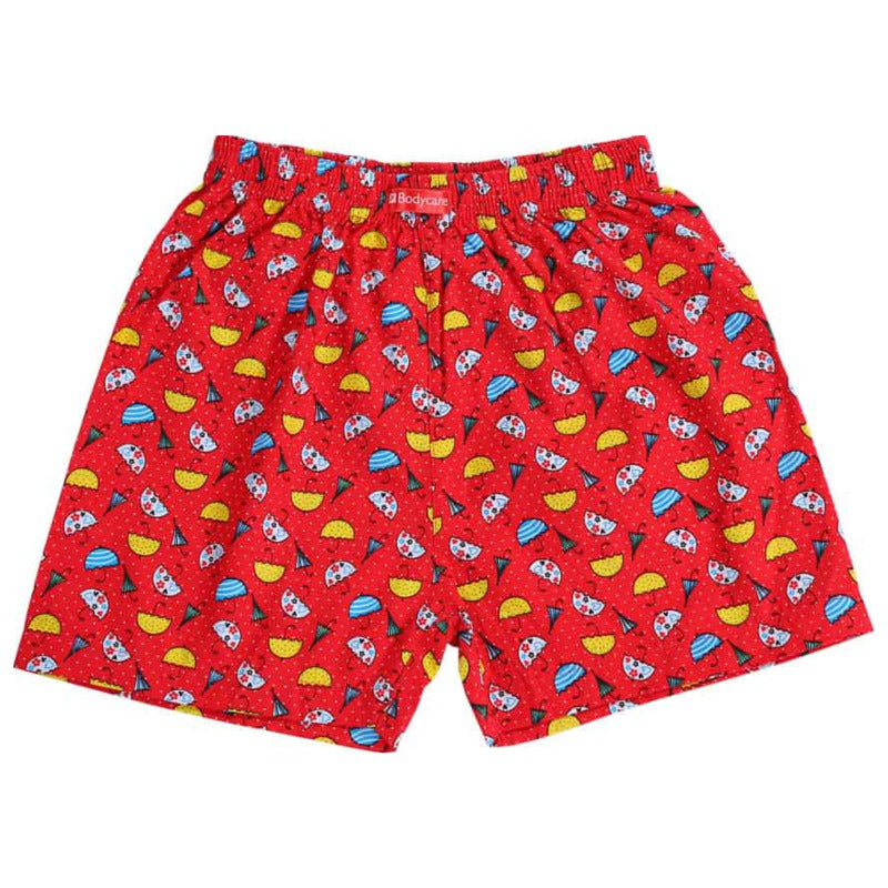Red kids boxer shorts with colorful taco and party cone print, elastic waistband