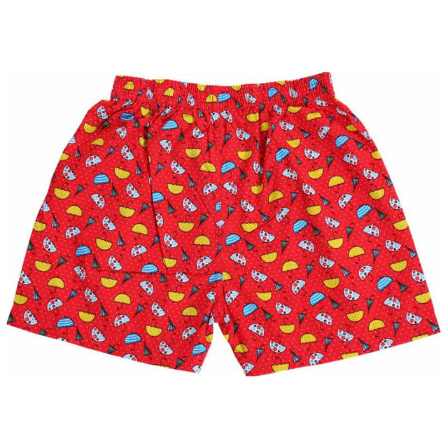 Red kids boxer shorts with colorful snack and party hat print, elastic waistband