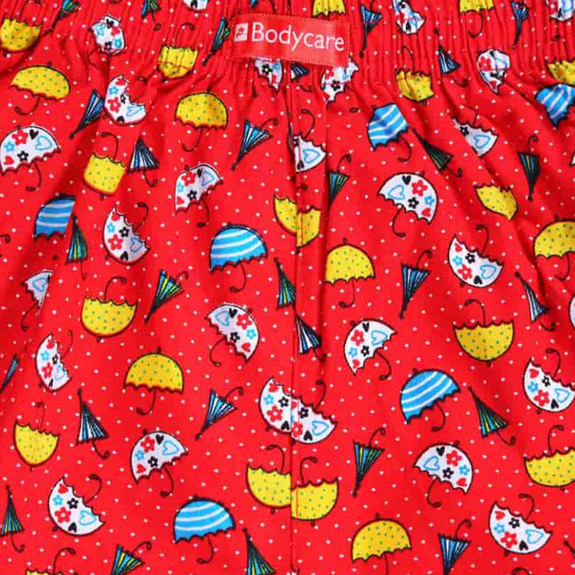 Red kids innerwear with colorful umbrella print and elastic waistband