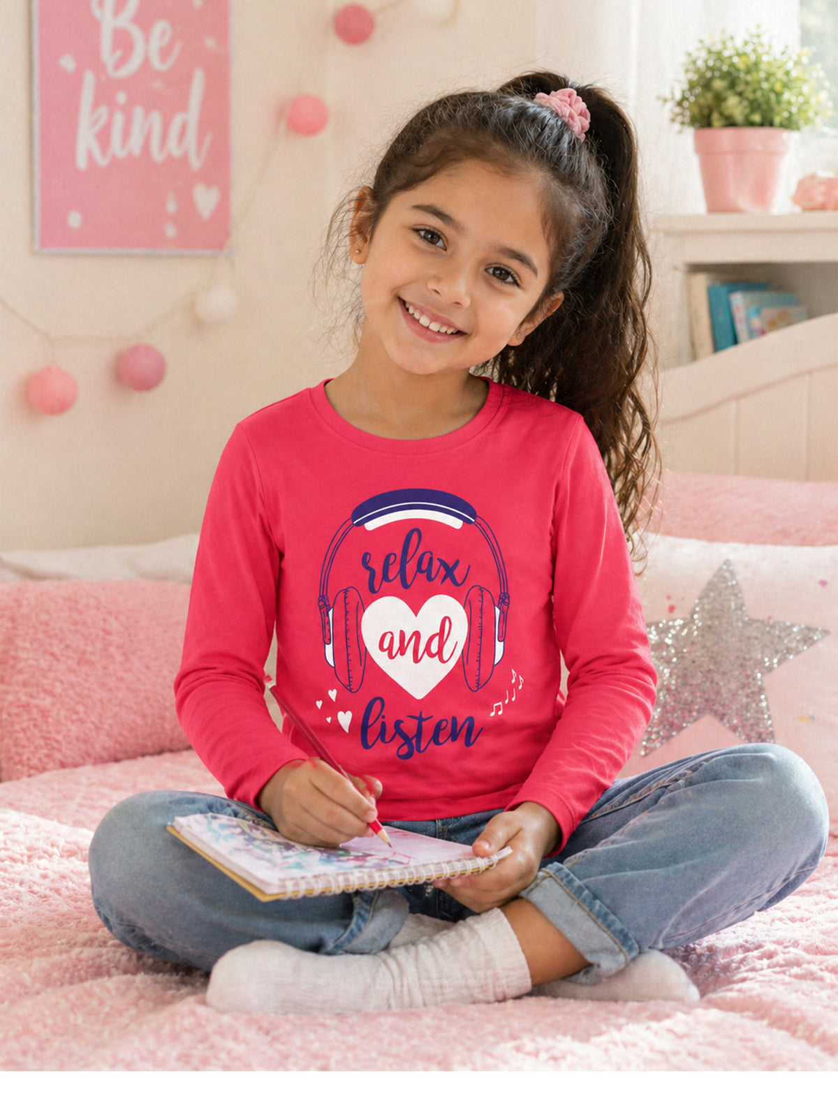 Girls 100% Cotton T-Shirt with Round Neck and Full Sleeves for Comfortable Casual Wear and Regular Use - Pack of 1