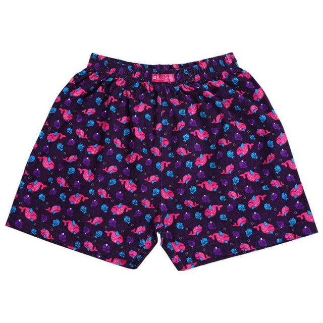 Kids' purple innerwear shorts with pink and blue cartoon animal print, elastic waistband