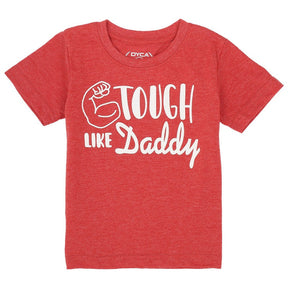 Red kids t-shirt with 'Tough Like Daddy' white print and flexed arm graphic, short sleeves
