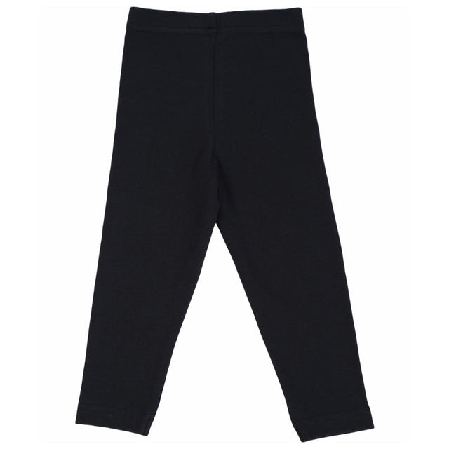 Black kids cotton leggings with elastic waistband, full length, flat lay on white background