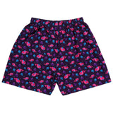 Kids' purple boxer shorts with playful pink and blue animal print, elastic waistband