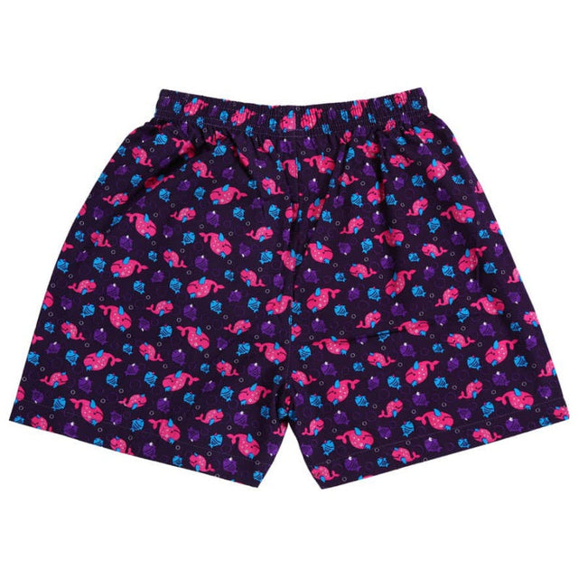 Kids' purple boxer shorts with playful pink and blue animal print, elastic waistband