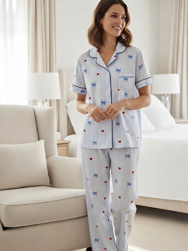 Women Printed Cotton Spandex Night Suit Set with Soft Top and Pyjama for Sleepwear and Lounge Comfort