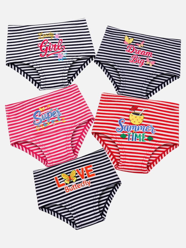 Striped girls' innerwear multipack with colorful prints and positive phrases