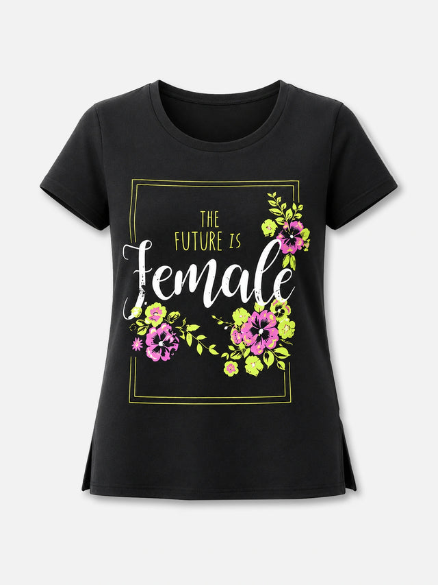 Women Cotton Long T-Shirt Round Neck Half Sleeves with Regular Fit Graphic Printed Styling for Casual Wear