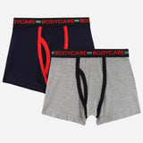Boys innerwear boxer shorts pack, navy and grey with colored elastic waistbands.