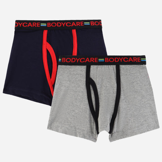 Boys innerwear boxer shorts pack, navy and grey with colored elastic waistbands.