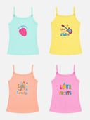 Girls 100% Cotton Printed Vest with Dori Neck and Sleeveless Regular Fit for Innerwear Comfort - Pack of 4
