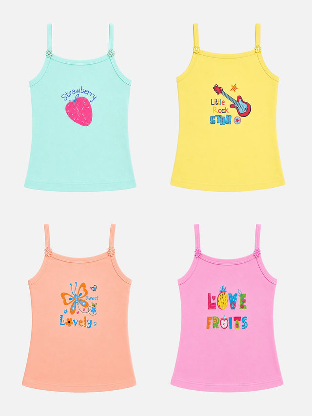 Girls 100% Cotton Printed Vest Camisole and Sleeveless Regular Fit for Innerwear Comfort - Pack of 4