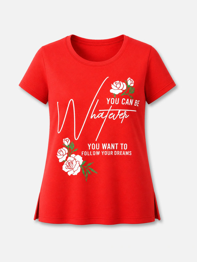 Women Cotton Long T-Shirt Round Neck Half Sleeves with Regular Fit Graphic Printed Styling for Casual Wear