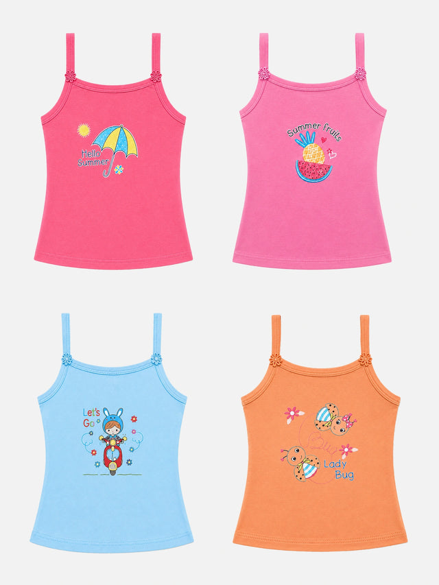 Girls Printed 100% Cotton Vest Camisole, Sleeveless Design and Everyday Innerwear Comfort - Pack of 4