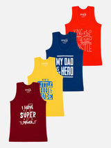 Boys 100% Cotton Printed Round Neck Sleeveless Innerwear Vest for Everyday Comfort and Regular Use - Pack of 4
