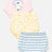 Three pairs of baby bloomers in a three-pack, featuring a pink pair with bunny graphics and text, a pale yellow pair with bunny faces and flowers, and a blue and white striped pair with ruffled edges.