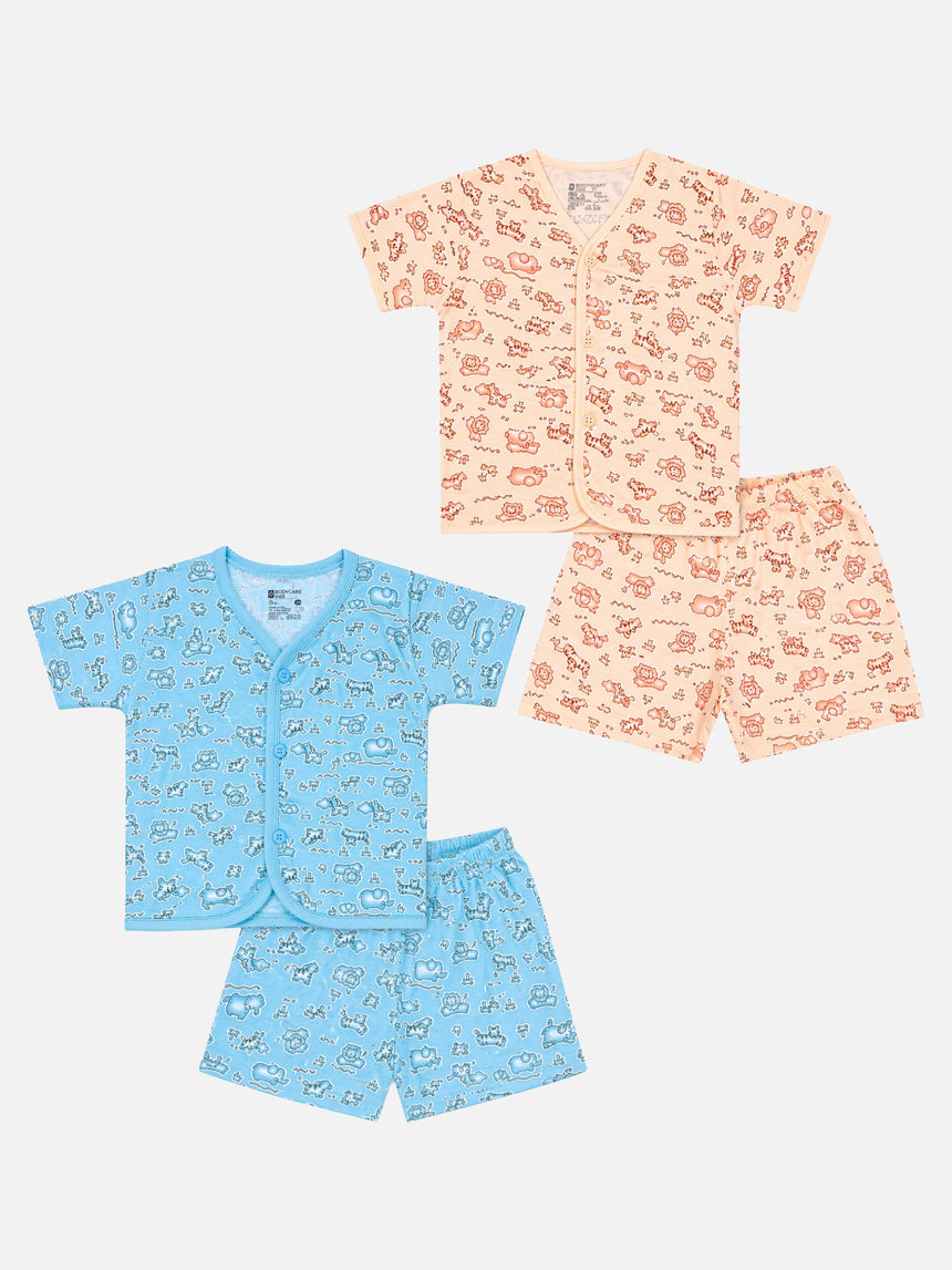 Baby 100% Cotton Front Open Half Sleeves Short Suit Self Design