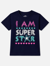 Girls Cotton Typographic Printed T-Shirt Round Neck Half Sleeves Casual Wear Top for School, Play and Weekend Outfits