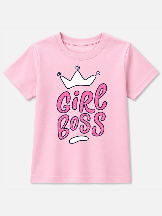 Girls Cotton Typographic Printed T-Shirt Round Neck Half Sleeves Casual Wear Top for School, Play and Weekend Outfits