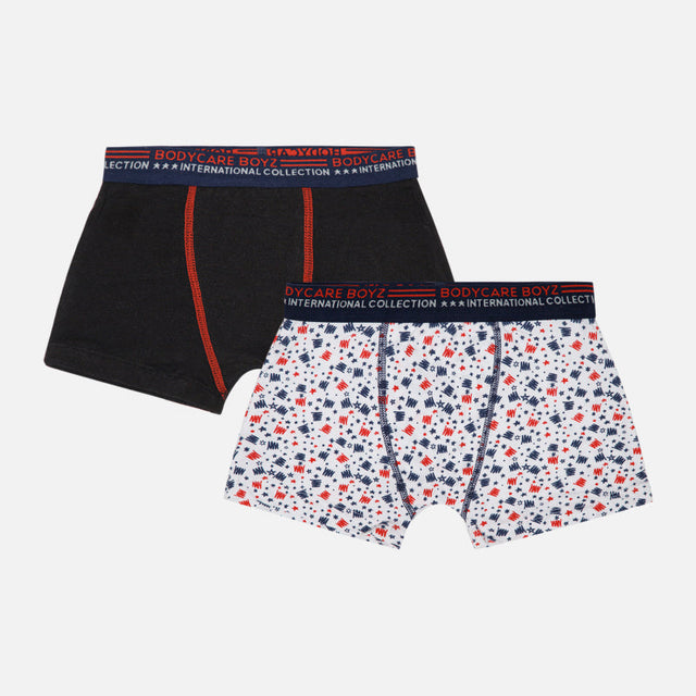 Boys' innerwear boxer briefs multipack, one black with red stitching, one white with blue and red print.