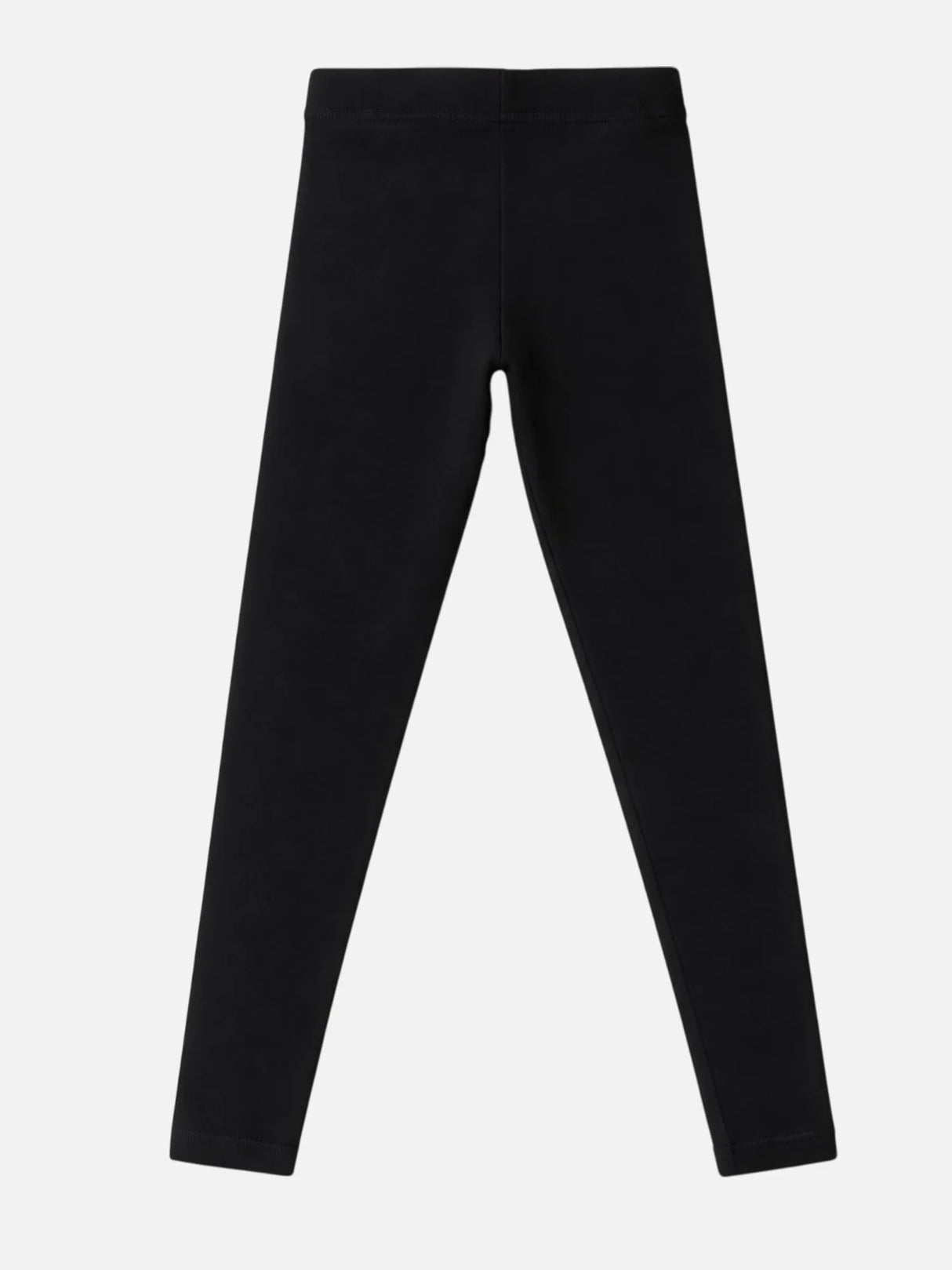 Black kids thermal leggings, full length, elastic waistband, plain design, on white background