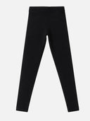 Black kids thermal leggings, full length, elastic waistband, plain design, on white background