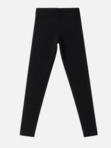 Black kids thermal leggings, full length, elastic waistband, plain design, on white background