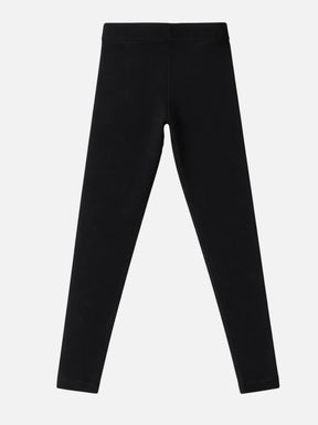 Black kids thermal leggings, full length, elastic waistband, plain design, on white background