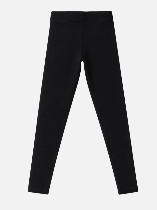 Black kids thermal leggings, full length, elastic waistband, plain design, on white background