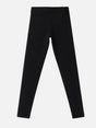 Black kids thermal leggings, full length, elastic waistband, plain design, on white background