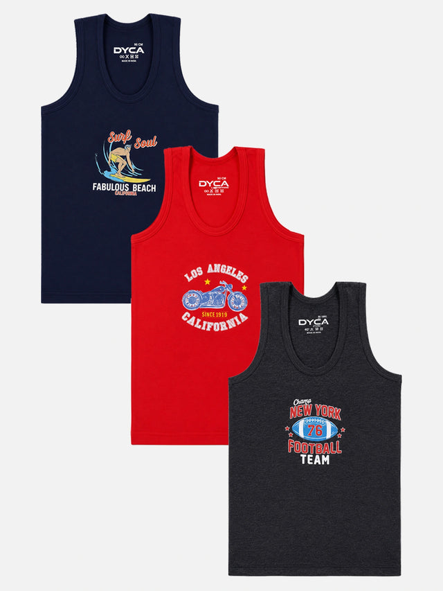 Boys Cotton Printed Round Neck Sleeveless Innerwear Vest with Regular Fit for Everyday Comfort - Pack of 3