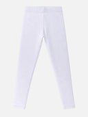 White kids' thermal leggings with elastic waistband, full length, on plain background.