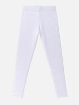 White kids' thermal leggings with elastic waistband, full length, on plain background.