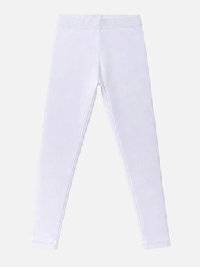 White kids' thermal leggings with elastic waistband, full length, on plain background.