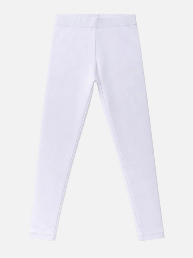 White kids' thermal leggings with elastic waistband, full length, on plain background.