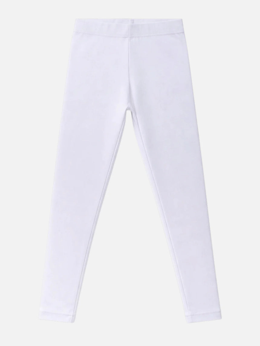 White kids' thermal leggings with elastic waistband, full length, on plain background.